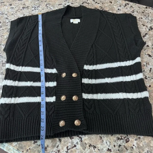 Maeve Anthropologie Black and White Striped Sweater Vest Gold button closure XS - Picture 10 of 12